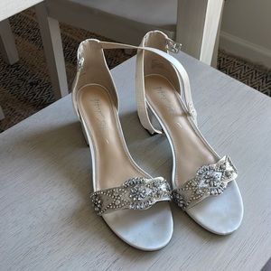 Betsy Johnson jeweled satin ivory low heel sandals - PERFECT FOR BEACH WEDDING